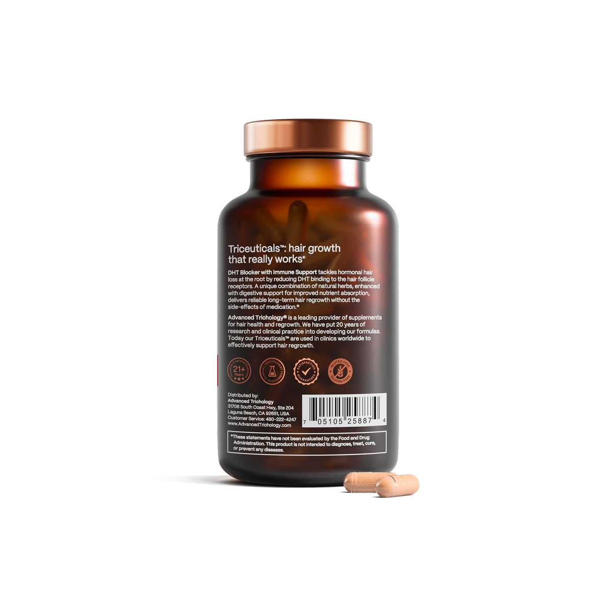 Advanced Trichology bottle beside coin showing compact size and travel convenience