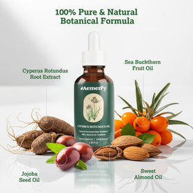 Aemerry bottle label detail highlighting cyperus rotundus and natural ingredient list