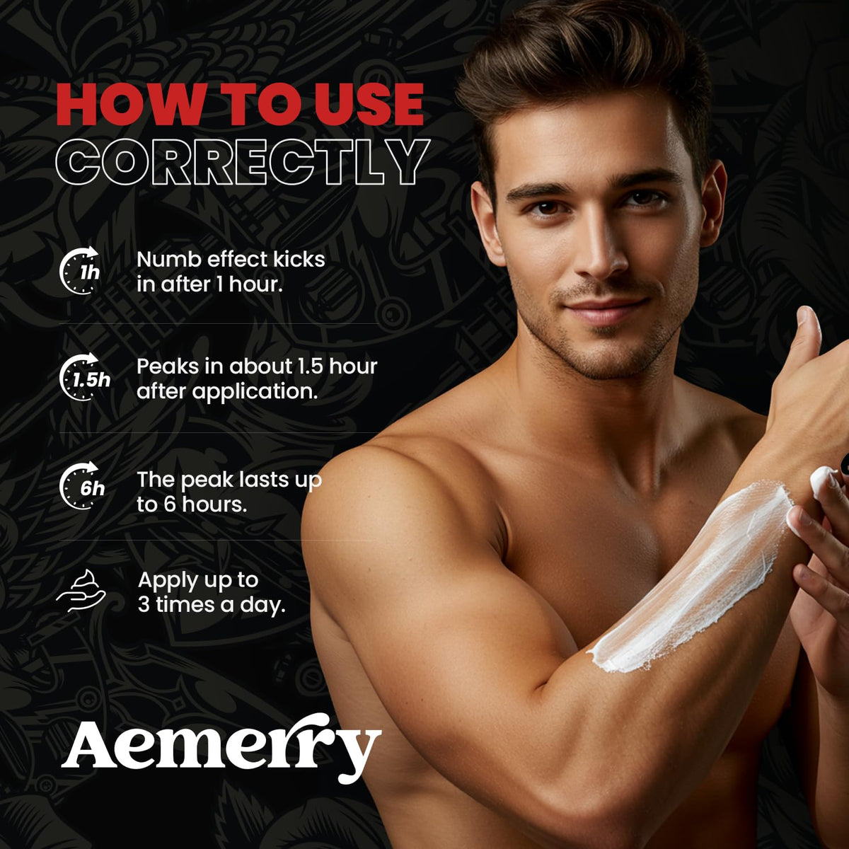 Aemerry ingredients label close-up highlighting Arnica and Emu Oil benefits