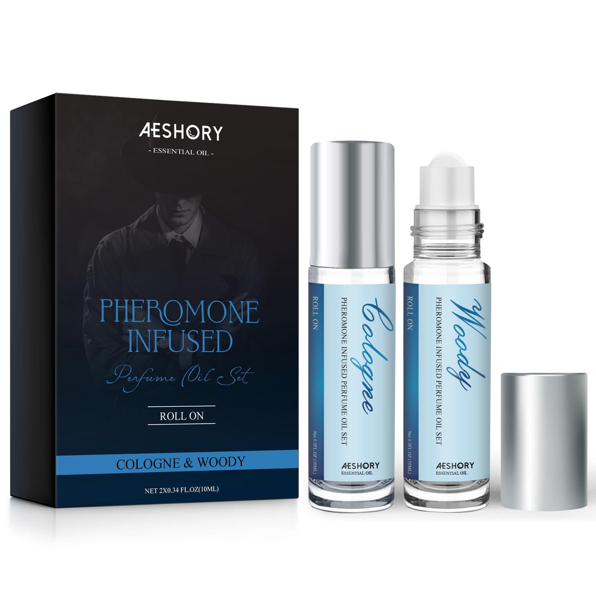 Aeshory roll-on front view showing sleek bottles and clear branding for confident wear