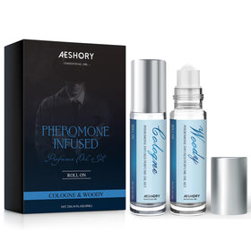 Aeshory roll-on front view showing sleek bottles and clear branding for confident wear