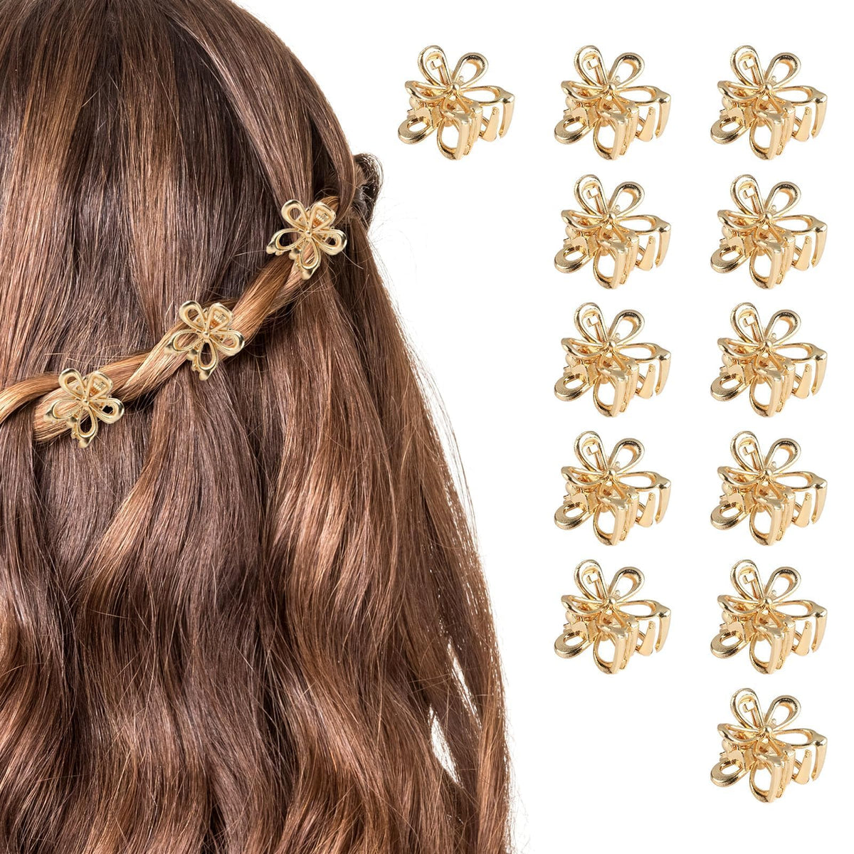 Aesnoun front packaging showing 12 gold flower hair clips, ready to gift