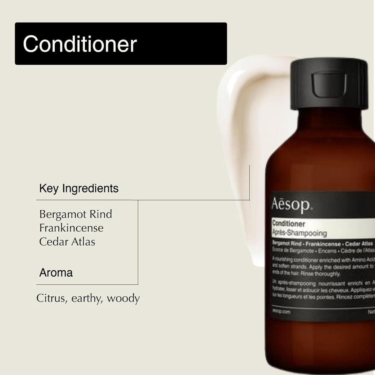Conditioner pouring from Aesop tube showing creamy slip for easier detangling