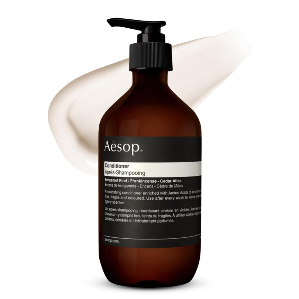 Aesop bottle front label showing product name and size, conveys clarity and trust