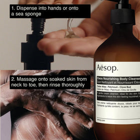 Aesop Eleos bottle with recycled plastic badge emphasizing sustainable packaging