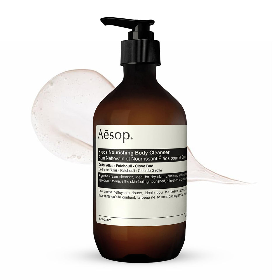 Aesop Eleos front bottle showing elegant packaging and moisturizing benefit