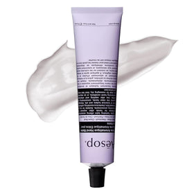 Aesop Eleos travel tube front view showing compact recycled aluminium packaging and brand