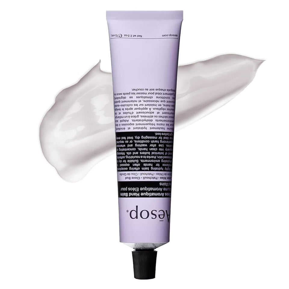 Aesop Eleos travel tube front view showing compact recycled aluminium packaging and brand