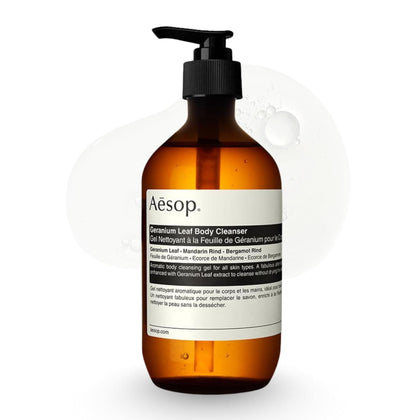 Aesop geranium leaf bottle front view showing minimalist design and refreshing scent benefit