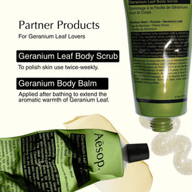 Hand holding Aesop geranium leaf 500 mL bottle to show size and how long it lasts benefit