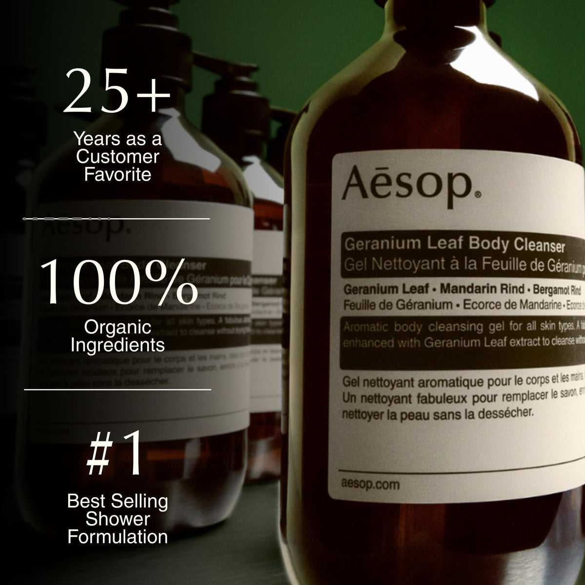 Close-up gel texture of Aesop geranium leaf cleanser showing lightweight spreadability benefit