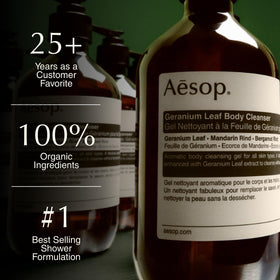 Close-up gel texture of Aesop geranium leaf cleanser showing lightweight spreadability benefit
