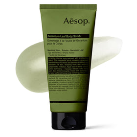 Aesop Geranium Leaf body scrub jar front view showing product and packaging benefit: clean presentation