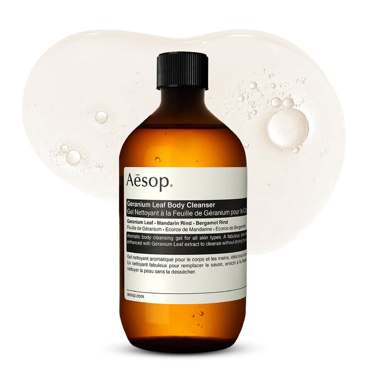 Aesop front bottle showing recyclable refill packaging and sleek label benefit: sustainable size advantage