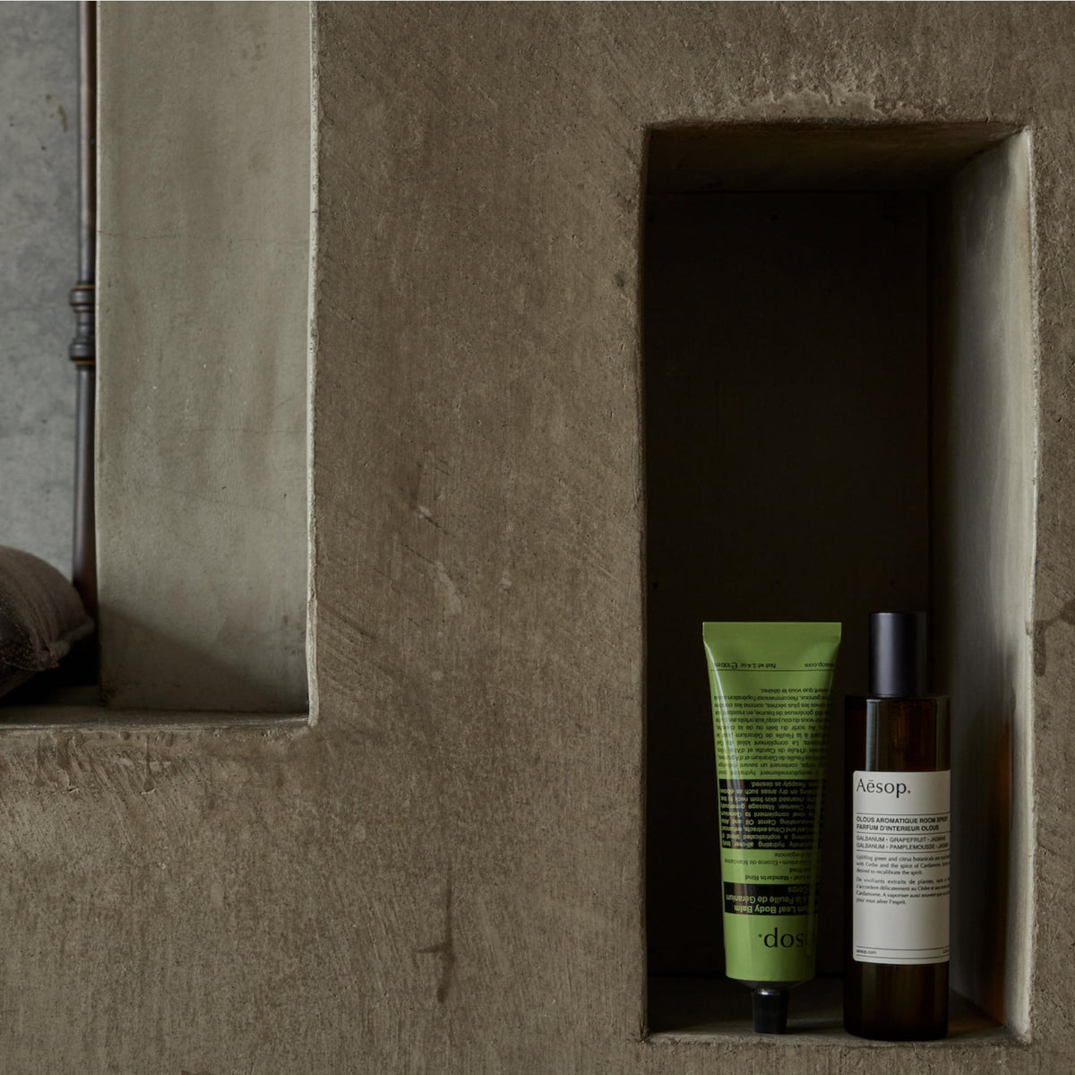 Natural pumice and bamboo stems alongside Aesop scrub ingredients illustrating plant-based exfoliation