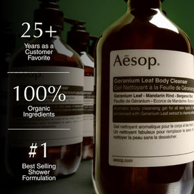 Aesop pouring cleanser onto sponge to show usage and easy-to-dispense refill benefit