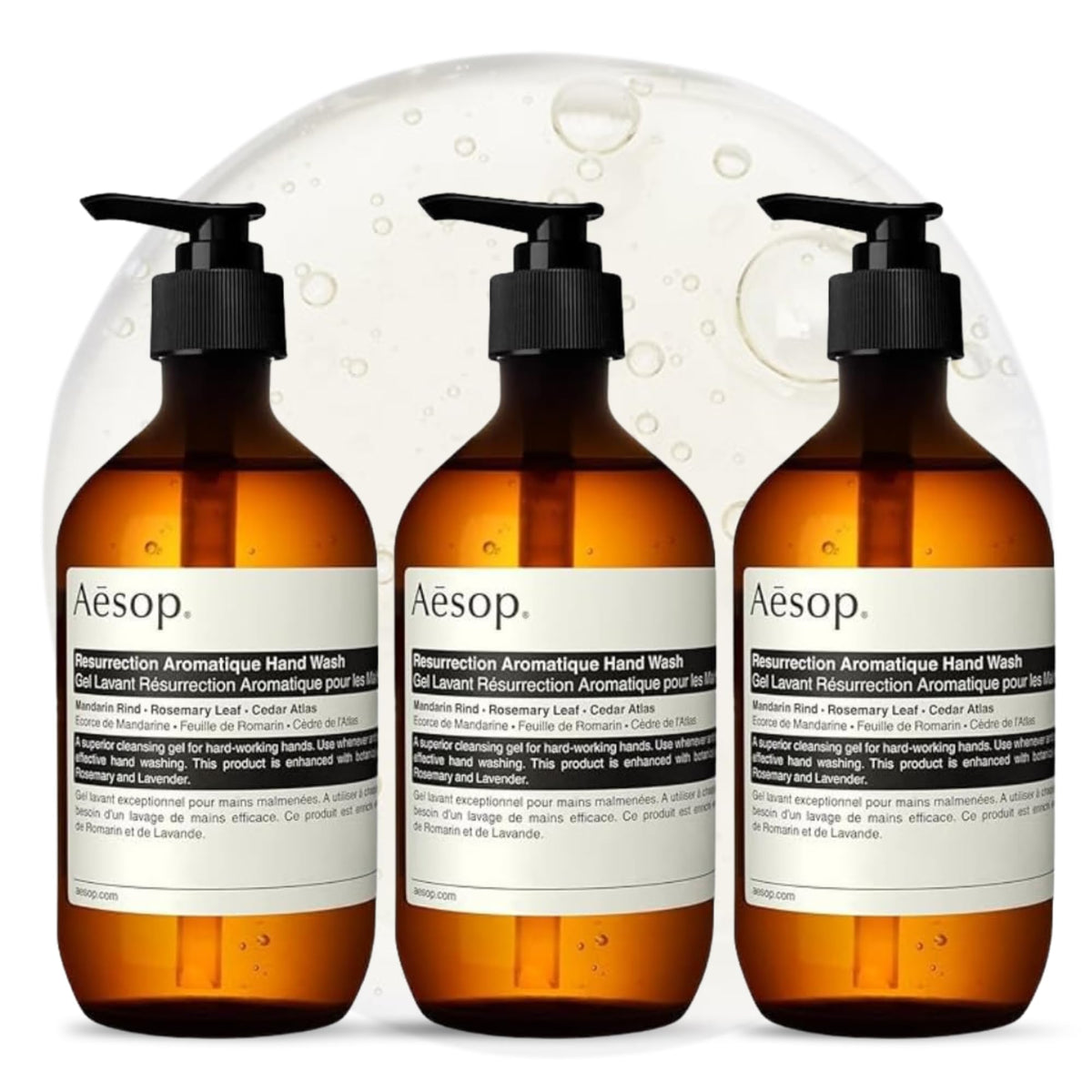 Aesop bottle front view showing sleek label and recyclable packaging benefit
