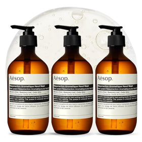 Aesop bottle front view showing sleek label and recyclable packaging benefit