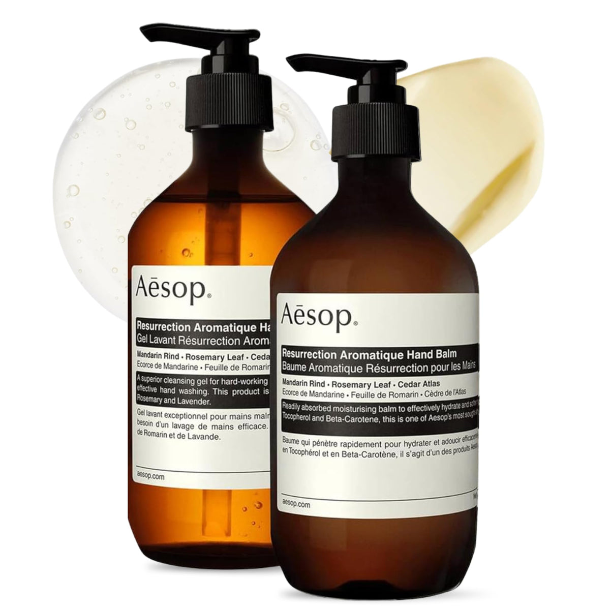 Aesop duo front packaging showing both 500mL bottles and minimalist design benefits presentation