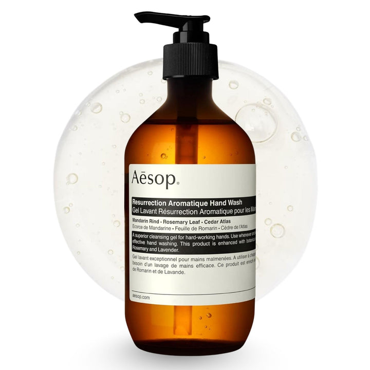 Aesop front bottle view showing elegant packaging and clear branding benefits hand care
