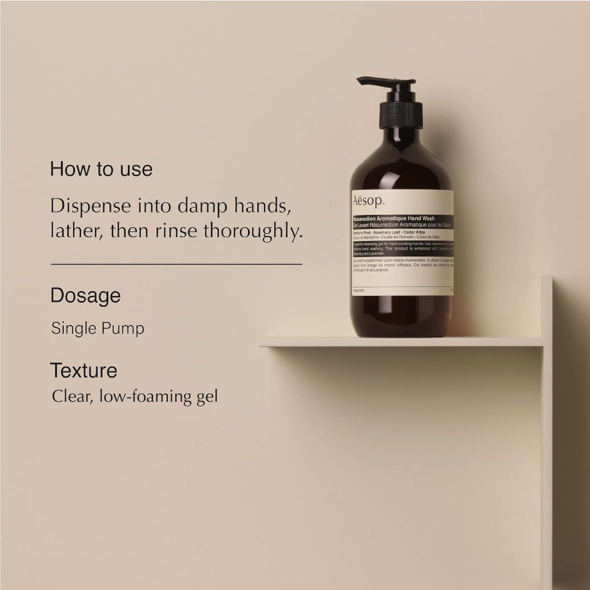 Aesop hand wash texture close-up showing clear gel consistency and gentle cleansing action