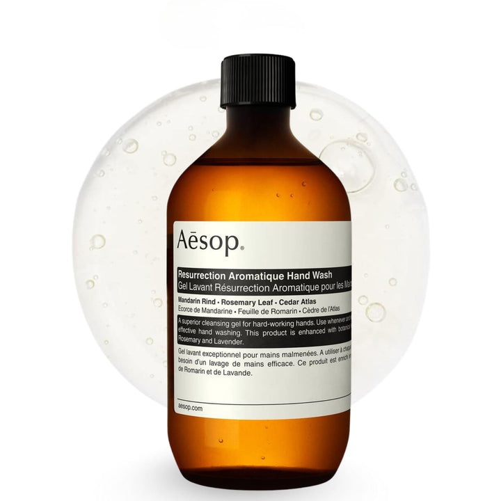 Aesop refill front view showing simple label and 500 ml size for refill convenience