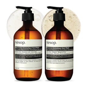 Aesop front packaging showing both Resurrection and Reverence, stylish bathroom benefit