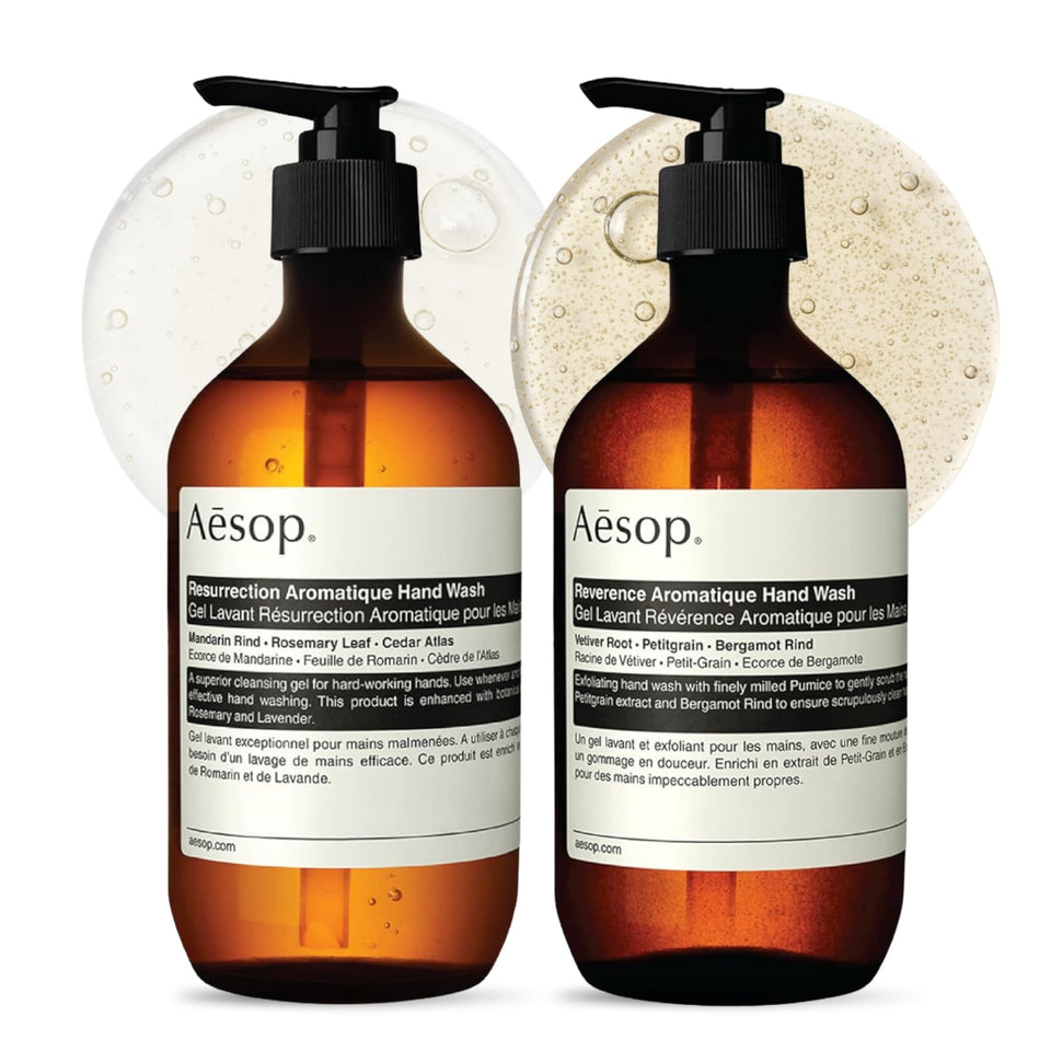 Aesop front packaging showing both Resurrection and Reverence, stylish bathroom benefit