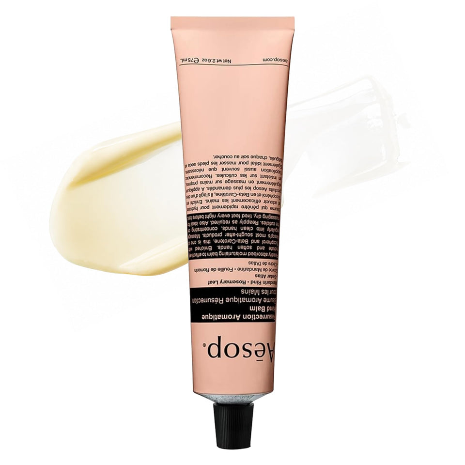 Aesop travel hand balm front tube showing compact design and brand