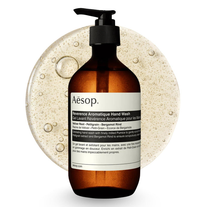 Aesop Reverence front bottle displayed upright, showcasing minimalist packaging and benefit of clarity