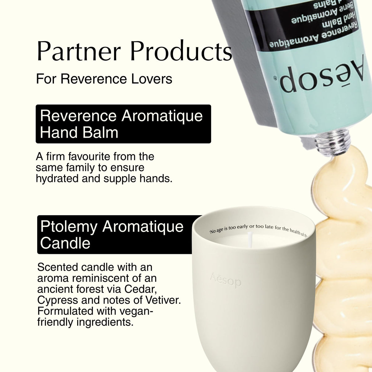 Aesop Reverence 500mL bottle beside hand for scale, demonstrating generous size and value