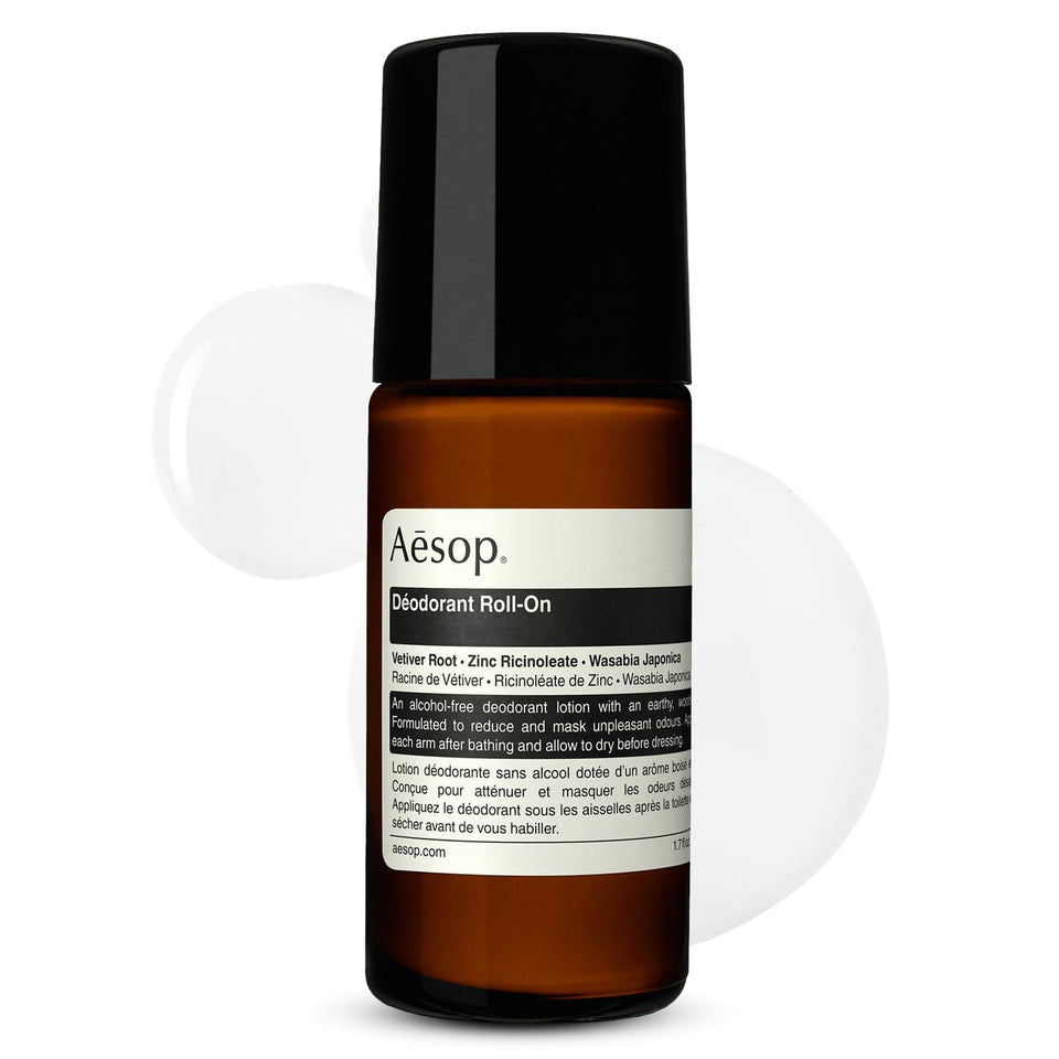 Aesop roll-on front packaging showing bottle and label with benefit of gentle odor control