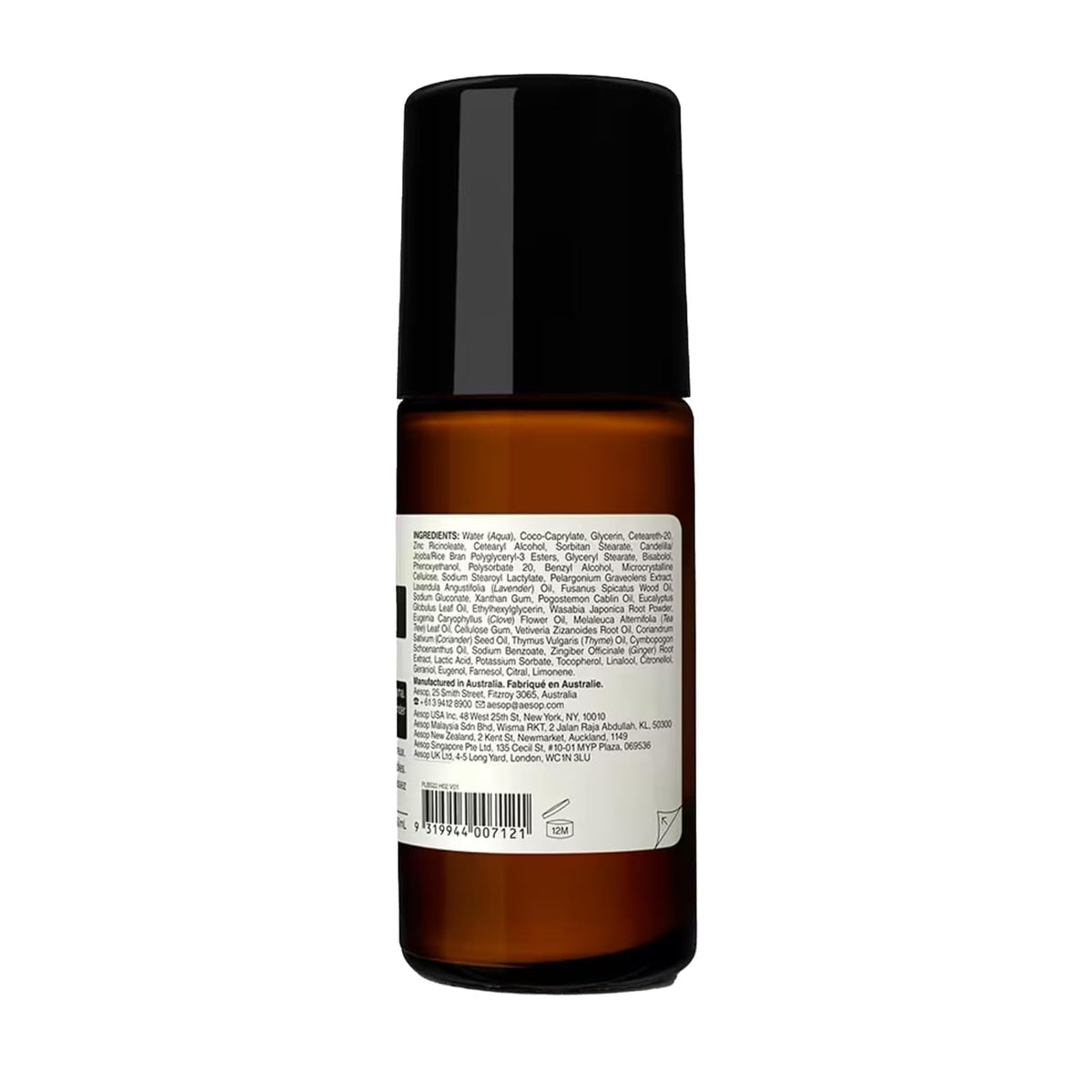 Aesop roll-on label detail highlighting ingredients like zinc and wasabia japonica for efficacy