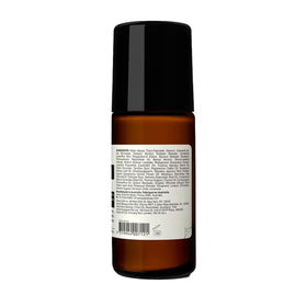 Aesop roll-on label detail highlighting ingredients like zinc and wasabia japonica for efficacy