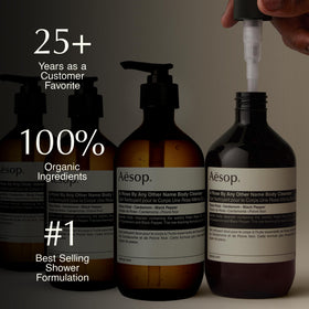 Aesop gel texture on hand highlighting gentle lather and soft cleansing benefit