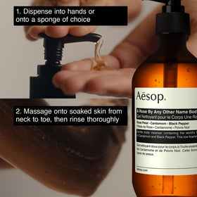 Aesop bottle on shower shelf showing in-use lifestyle convenience benefit