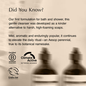 Aesop recycled plastic bottle label close-up showing sustainable packaging benefit