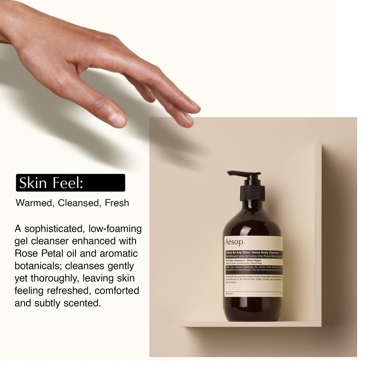 Aesop 500 mL bottle beside everyday objects showing true size and value benefit