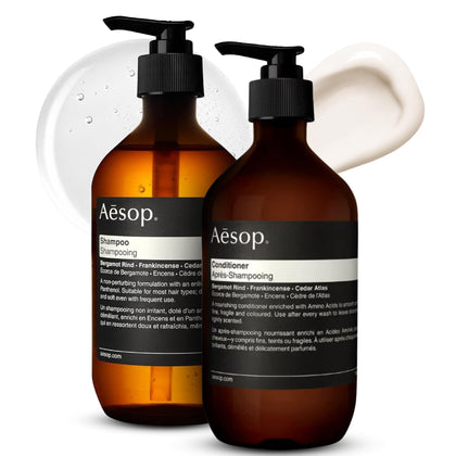 Aesop front packaging of shampoo and conditioner showing elegant bottles and benefits
