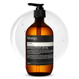 Aesop front bottle view showing minimalist label and recyclable packaging benefit