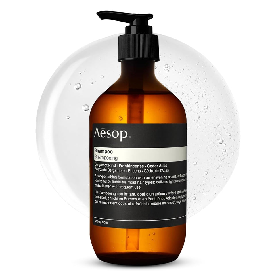 Aesop front bottle view showing minimalist label and recyclable packaging benefit