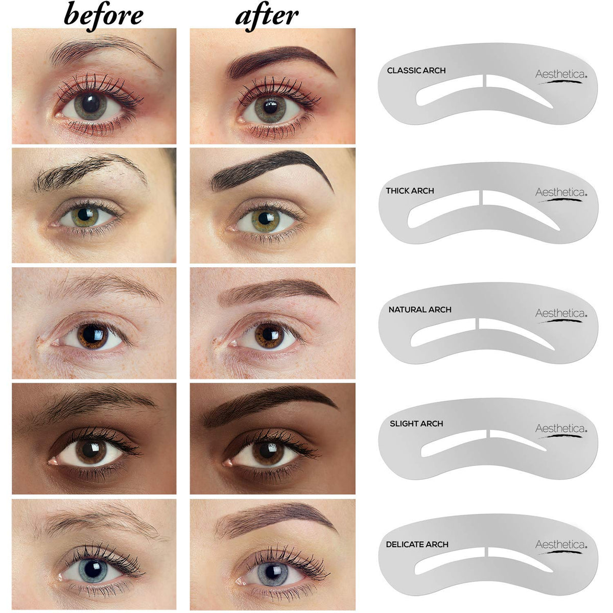 Aesthetica stencils with tools displayed to speed up consistent eyebrow shaping