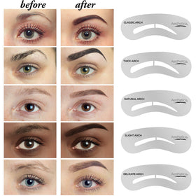 Aesthetica stencils with tools displayed to speed up consistent eyebrow shaping