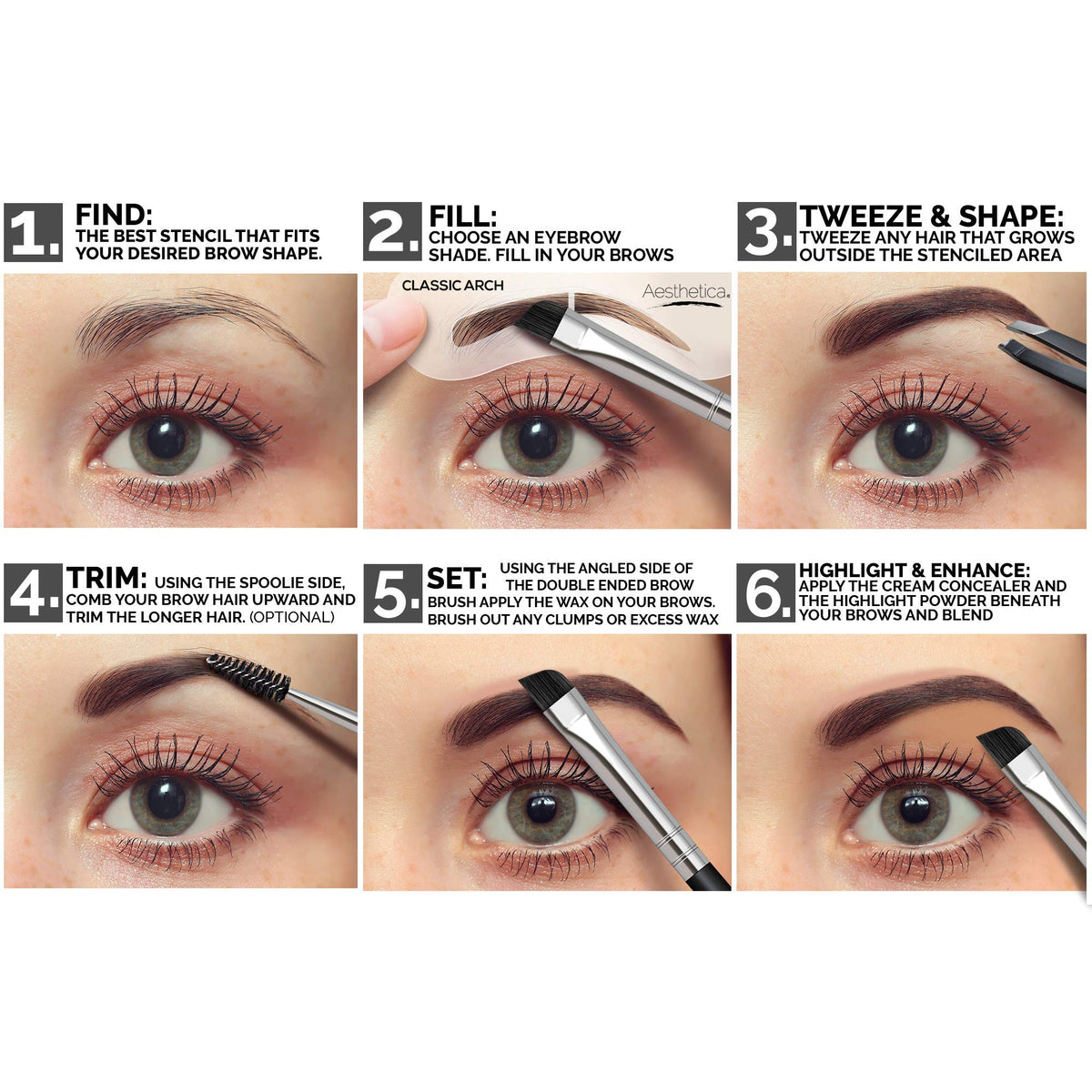 Aesthetica double-ended brush and spoolie demonstrating precise filling and blending