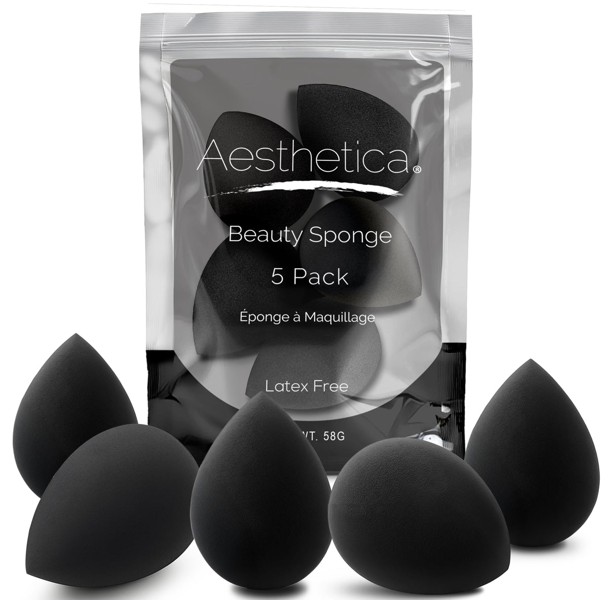 Aesthetica front packaging view showing five sponges and clear benefits