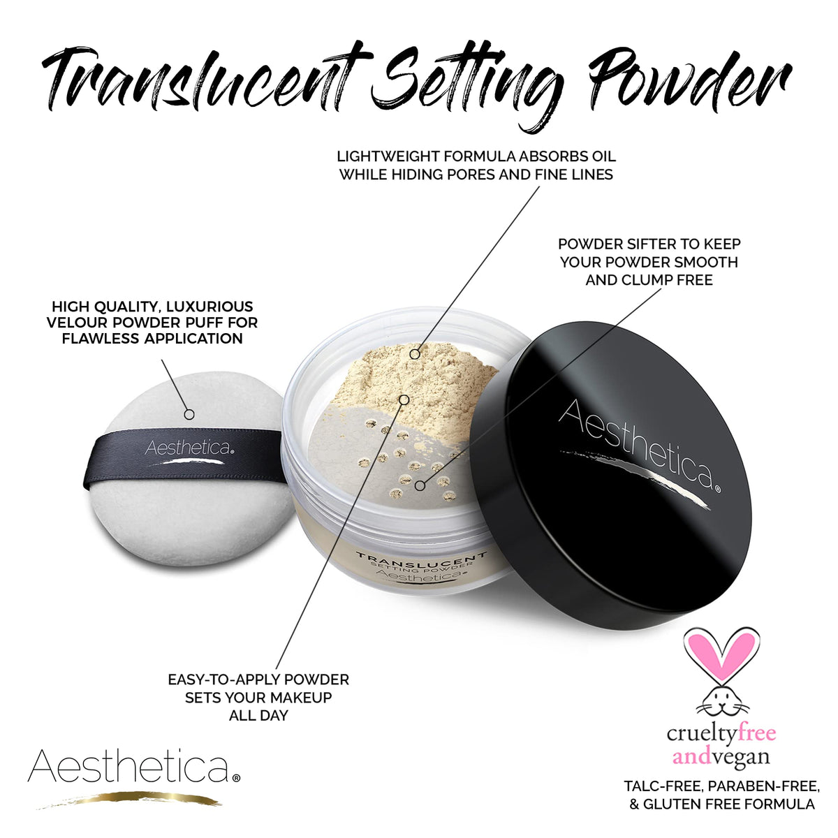 Aesthetica open jar revealing finely milled loose powder texture for smooth finish