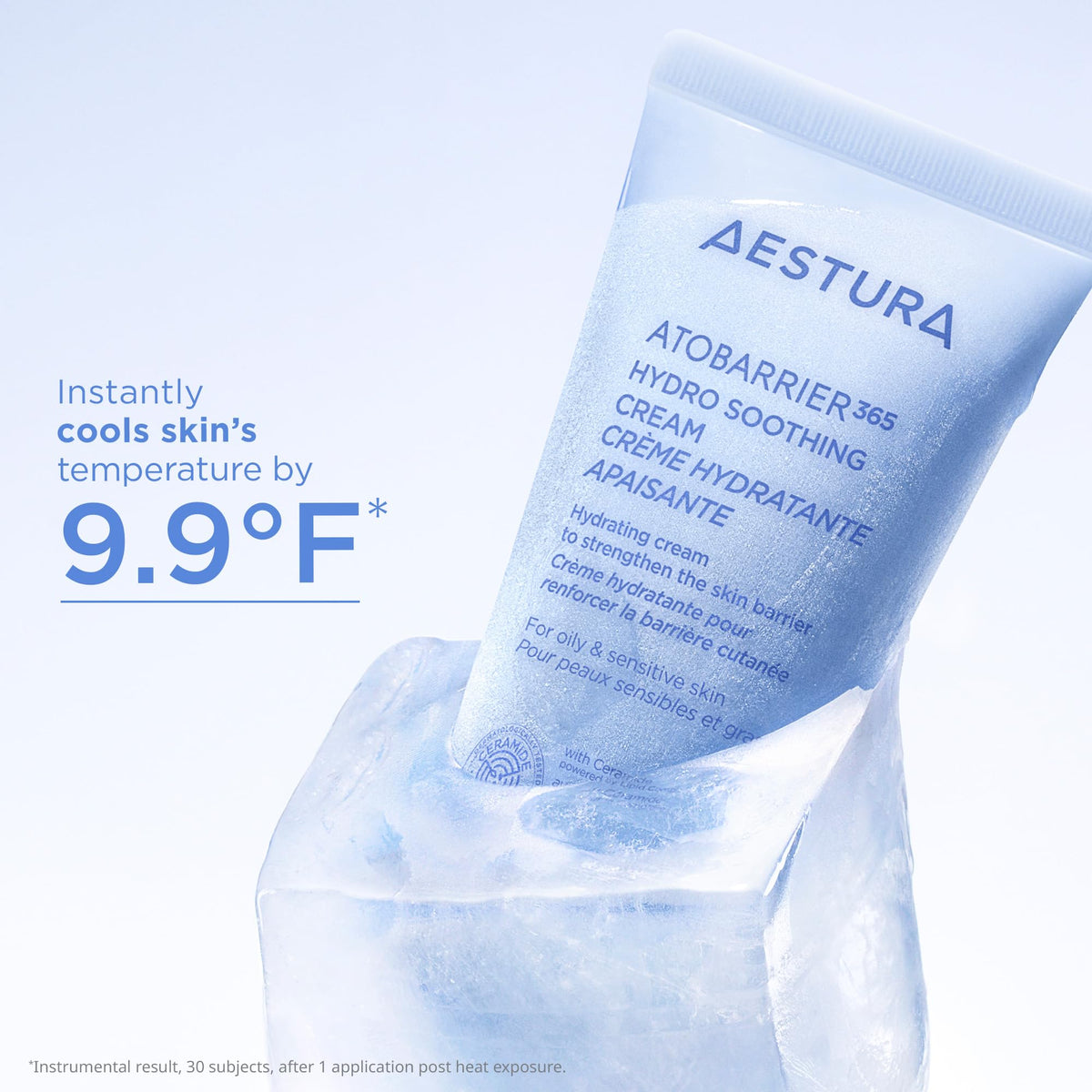 AESTURA applying cream to cheek showing cooling relief and quick absorption benefit
