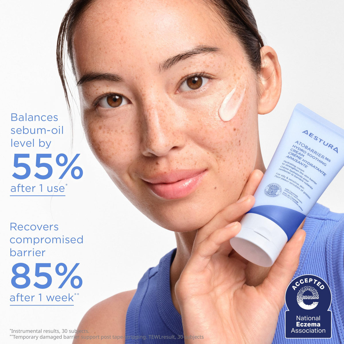 AESTURA cream in hand demonstrating 80ml size and easy-spread lightweight feel
