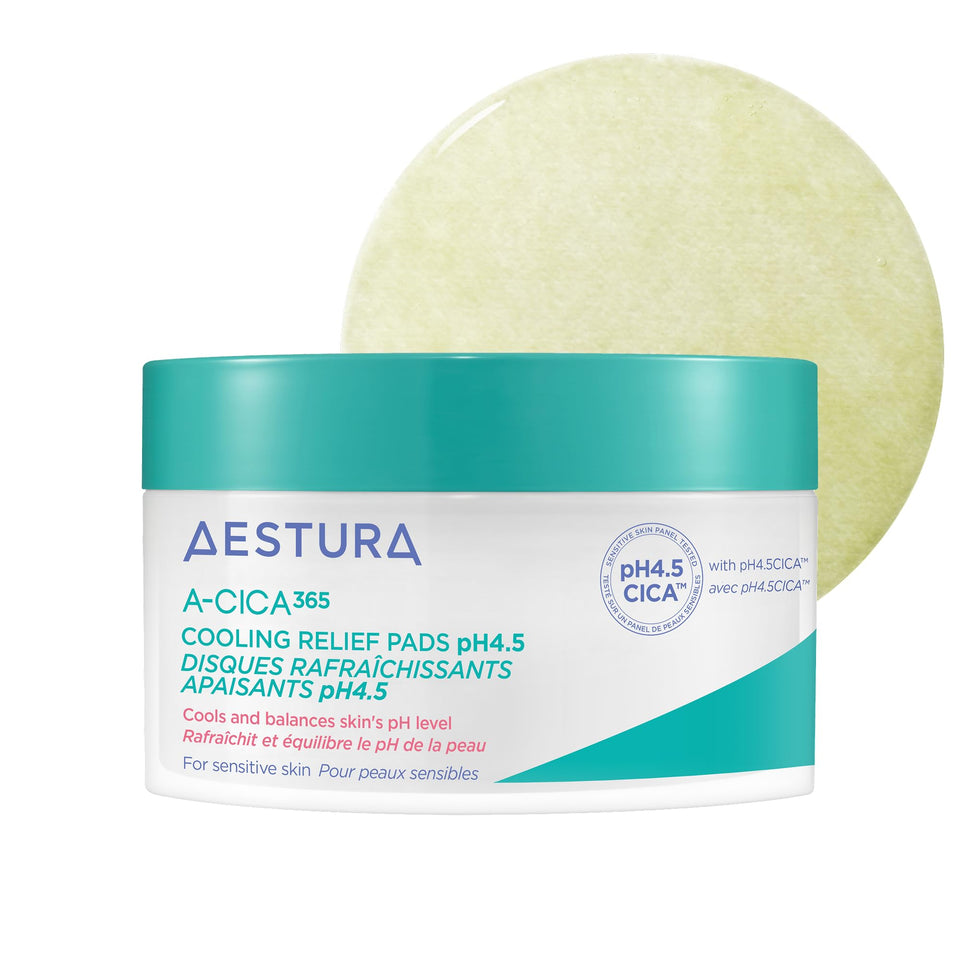 AESTURA front packaging of A-CICA365 pads showing calming design and 60 count benefits