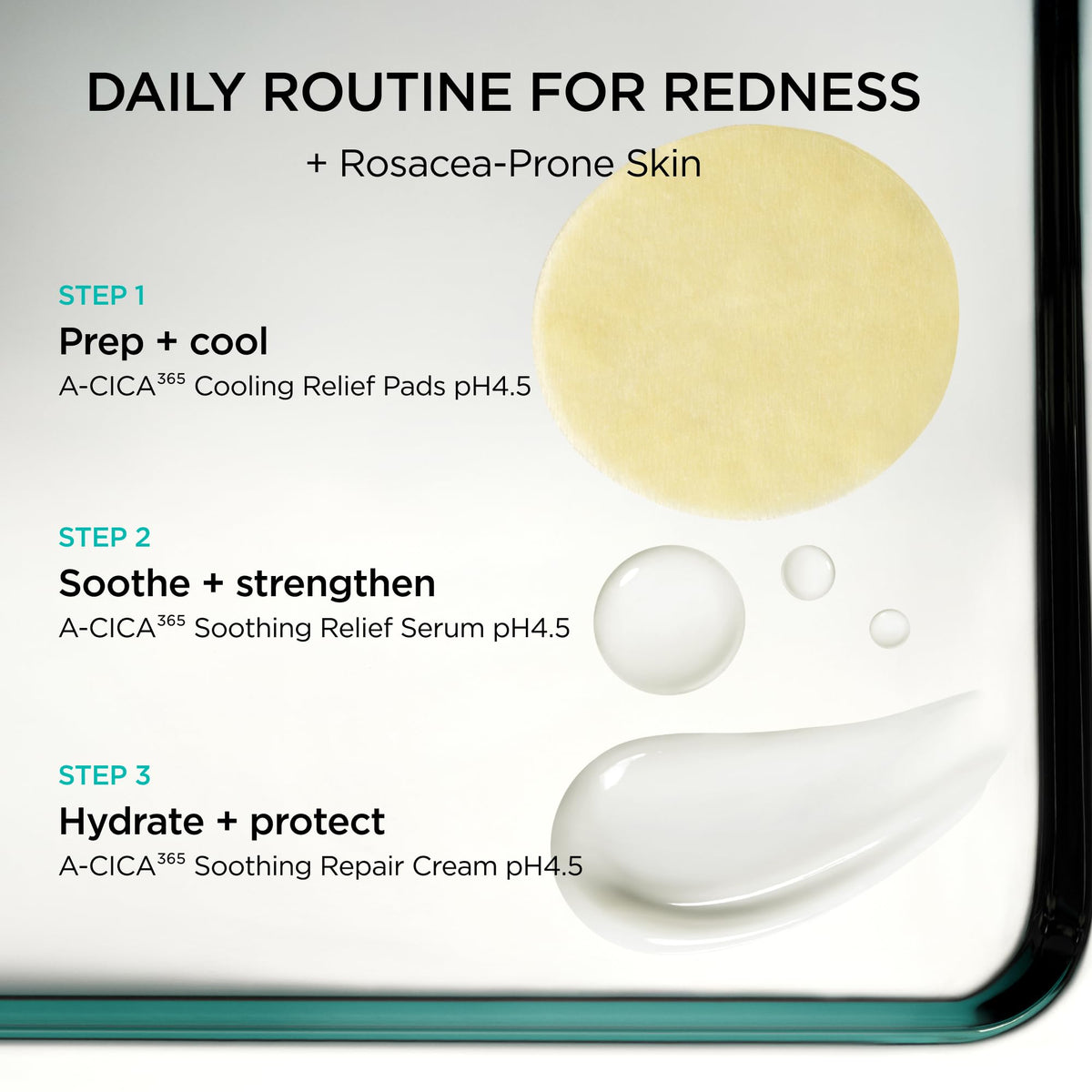 AESTURA ingredient flatlay of centella, hyaluronic acid, and zinc illustrating soothing support